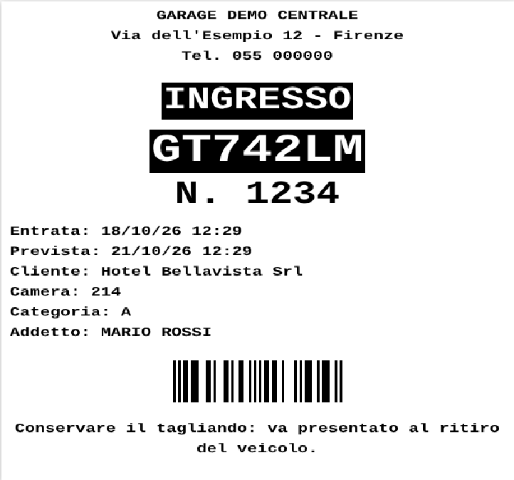 Esempio di tagliando di ingresso: intestazione del garage, targa, numero, entrata, partenza prevista, cliente, camera, codice a barre
