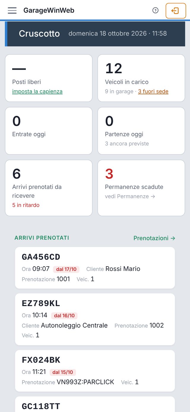 GarageWinWeb sul telefono: il cruscotto del garage
